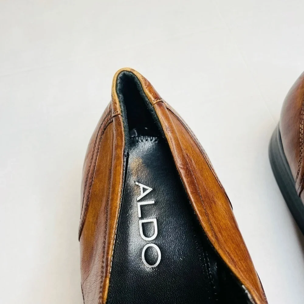 Aldo Men’s Cognac Brown Leather Long Square Toe Dress Loafers Size 45/US 12